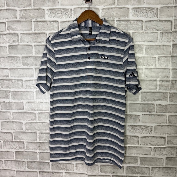 Adidas x Desert Mountain GC Scratched Gray Striped Golf Polo Mens Medium Stretch - Picture 2 of 7